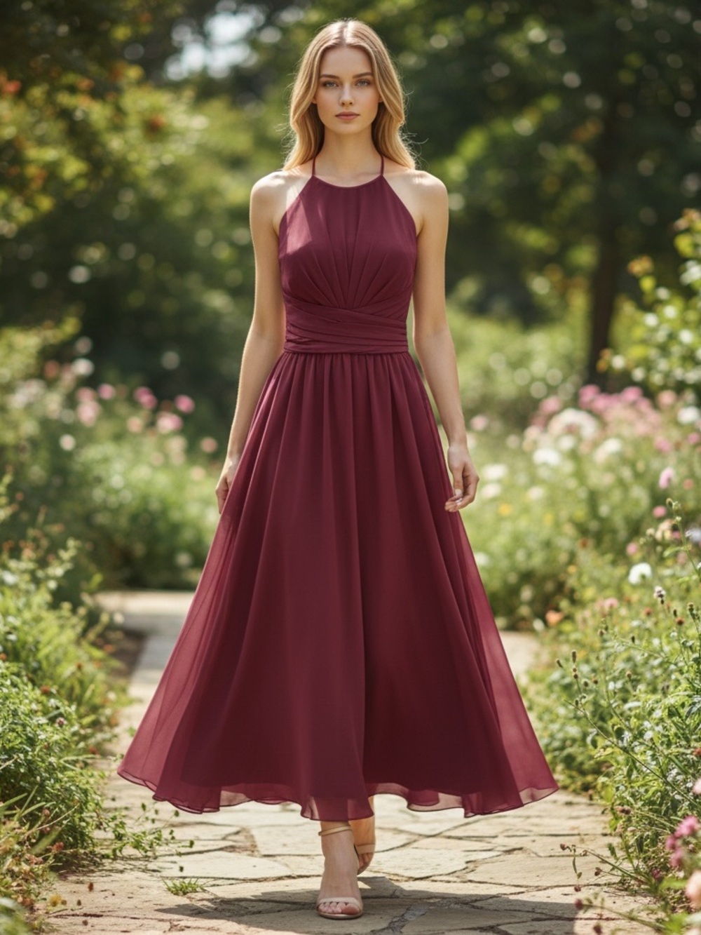 Amsale "Jayla" Chiffon Halter Bridesmaid Gown Burgundy Maroon Size 10 Gala Dance